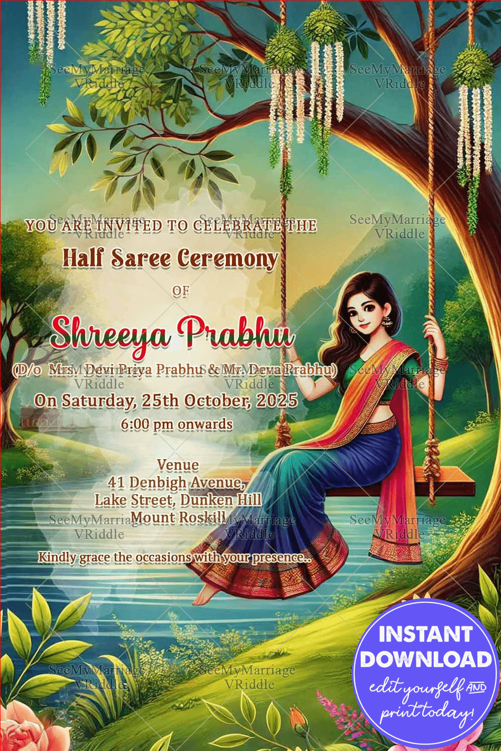 Girl On Swing Half Saree Ceremony Invitation with River Theme and Picturesque Background