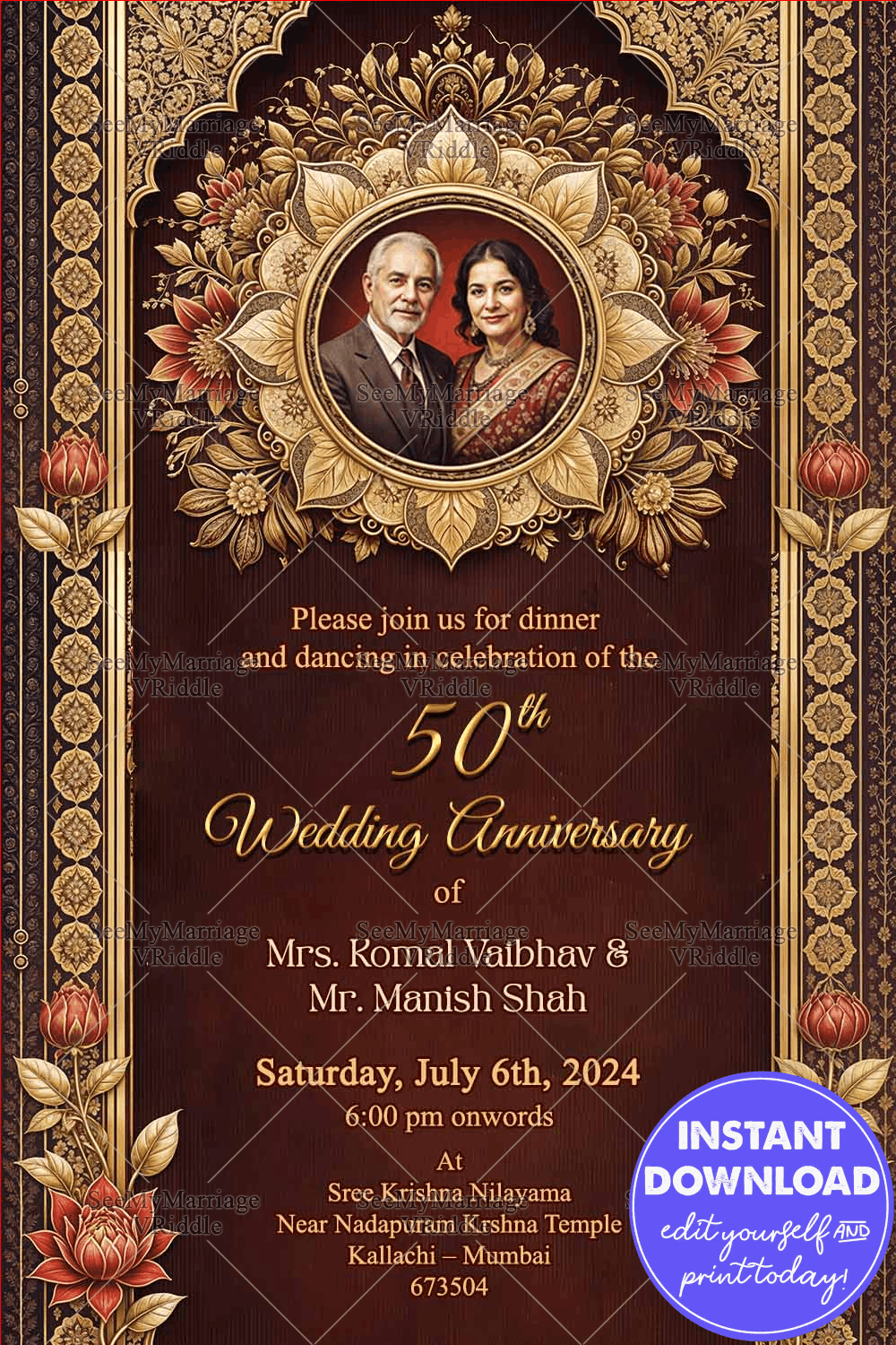 Golden Blooms 50th Wedding Anniversary Invitation Card with Floral Motifs and Dark Brown Theme Background