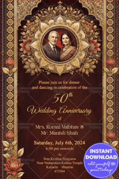 Golden Blooms 50th Wedding Anniversary Invitation Card with Floral Motifs and Dark Brown Theme Background