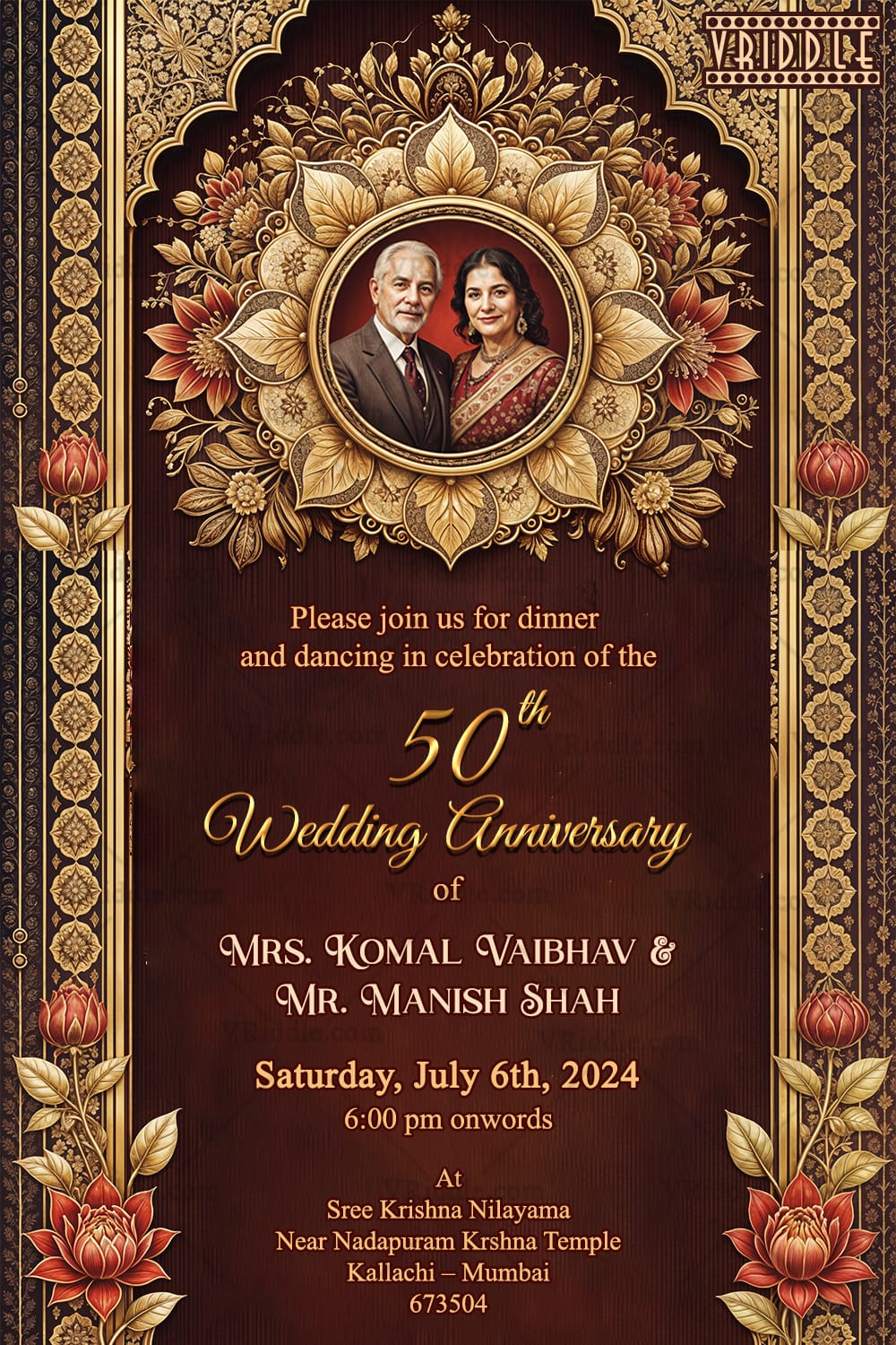 Golden Blooms 50th Wedding Anniversary Invitation Card with Floral Motifs and Dark Brown Theme Background
