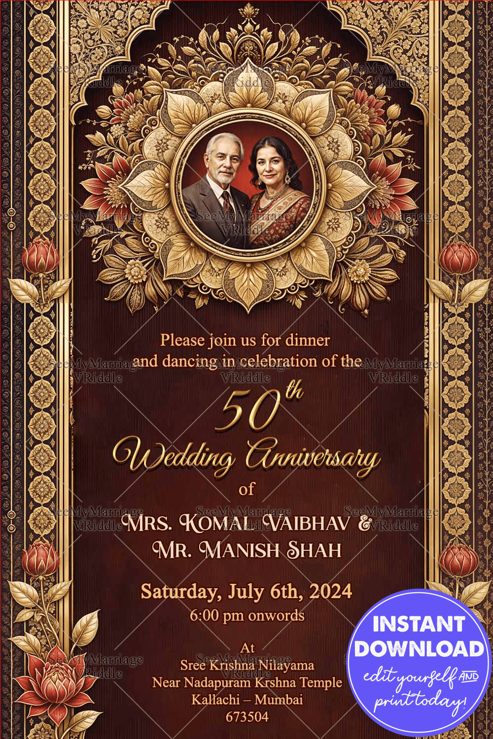 Golden Blooms 50th Wedding Anniversary Invitation Card with Floral Motifs and Dark Brown Theme Background