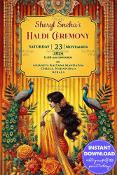 Golden Splendor Haldi Ceremony Invitation with Peacock Theme and Floral Decor Background