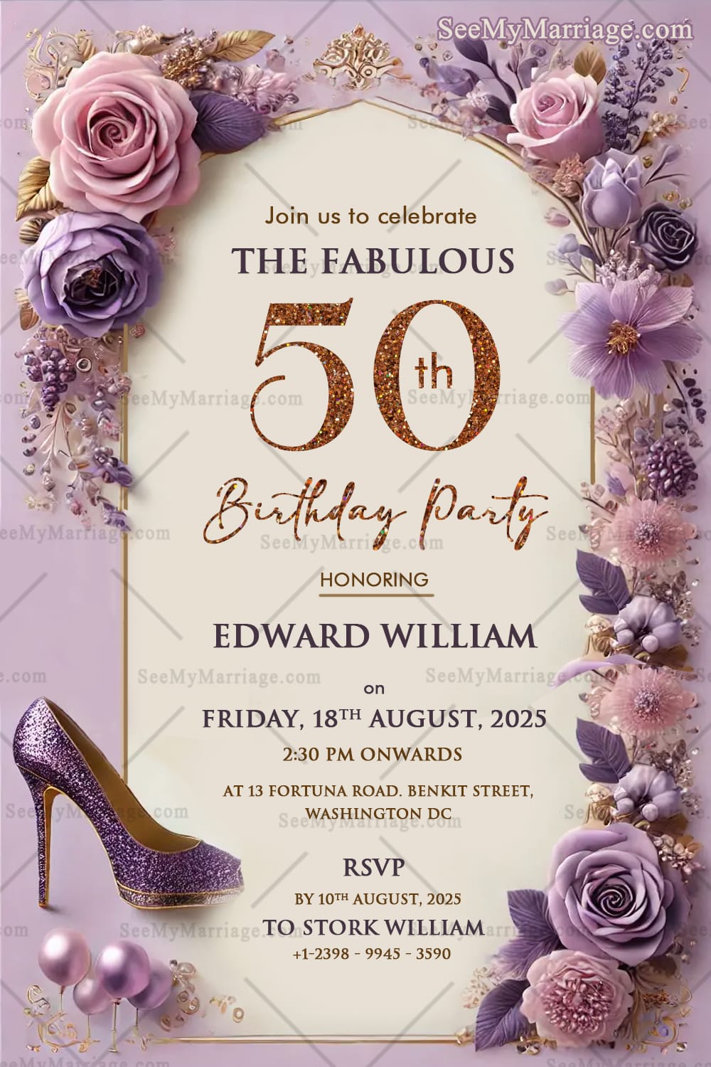 Gorgeous Lady 50th Birthday Bash Invitation with Lavender Theme Background