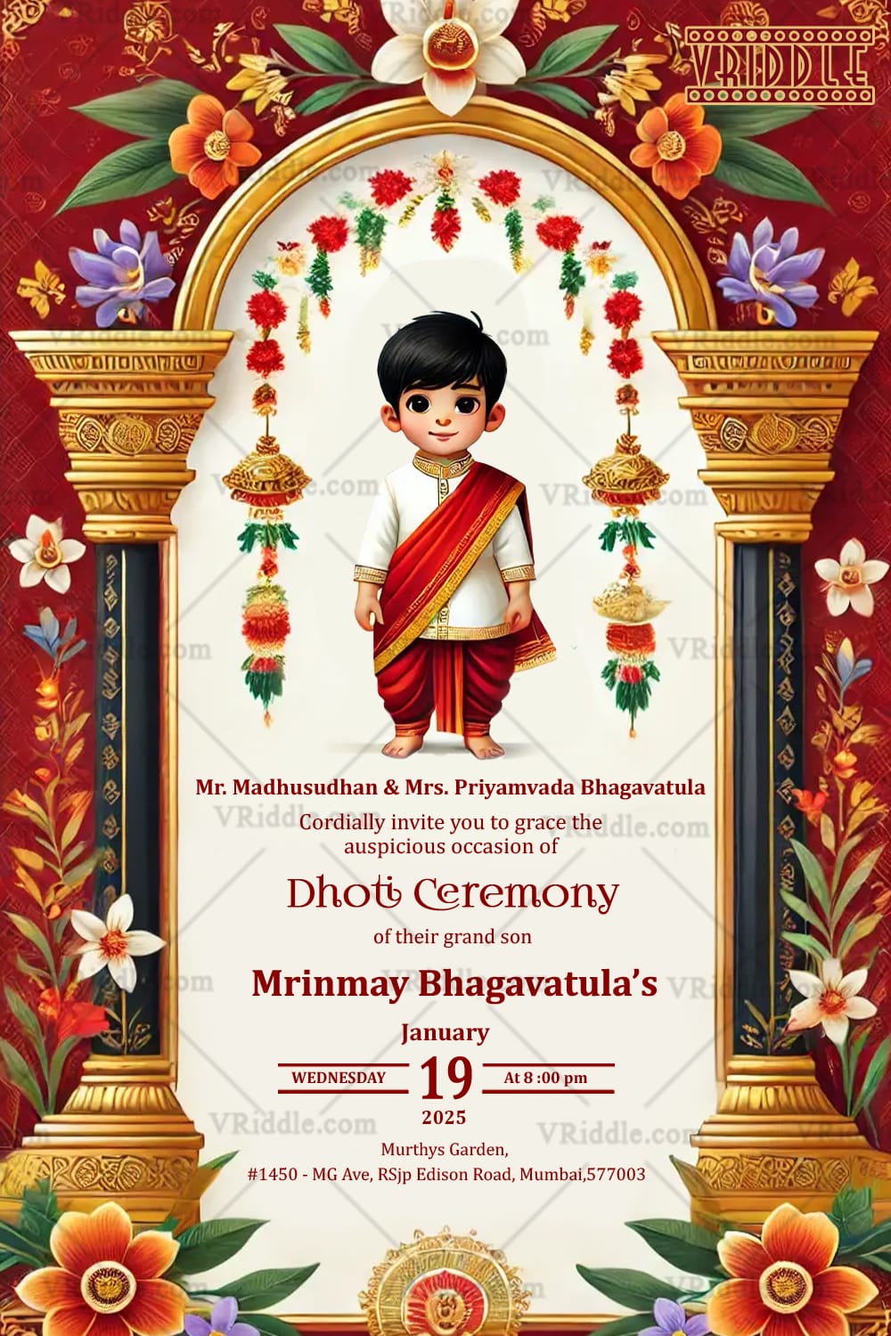 Grand Dhoti Ceremony Invitation Card with Cartoon Boy Character and Floral Accents Background