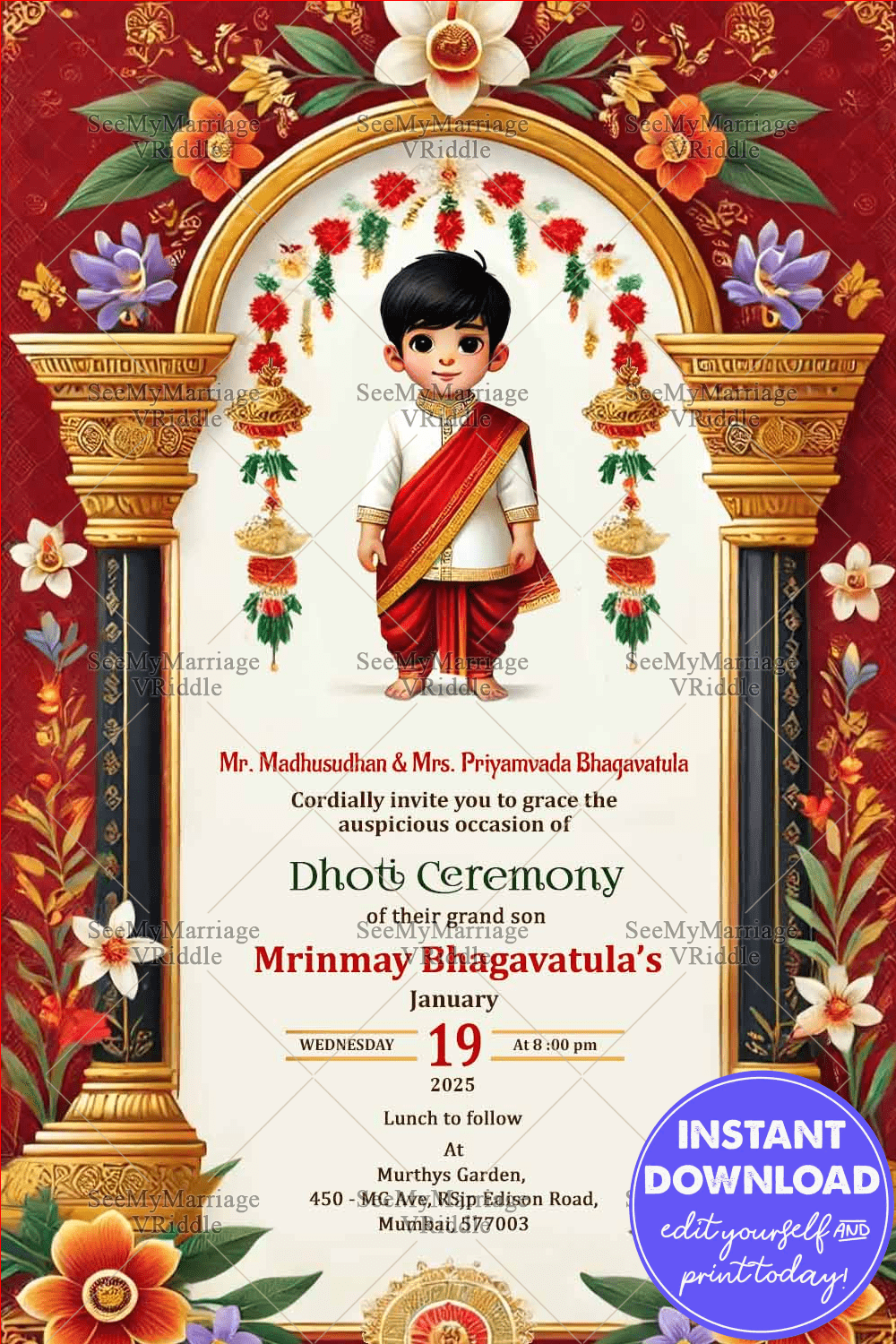Grand Dhoti Ceremony Invitation Card with Cartoon Boy Character and Floral Accents Background