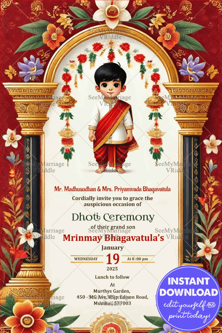 Grand Dhoti Ceremony Invitation Card with Cartoon Boy Character and Floral Accents Background