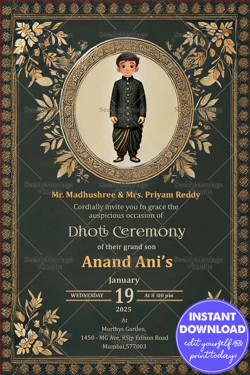 Grand Dhoti Ceremony Invitation with Dark Green Color Theme and Golden Floral Patterns Background