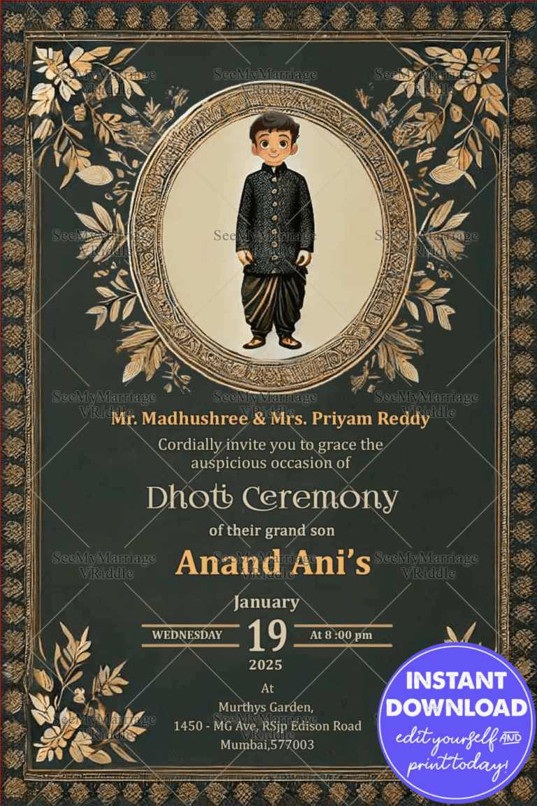 Grand Dhoti Ceremony Invitation with Dark Green Color Theme and Golden Floral Patterns Background