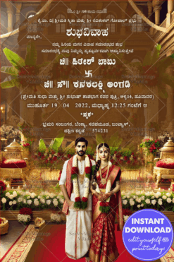Grand Kannada Wedding Invitation with Golden Theme and Ornate Temple Architecture Background