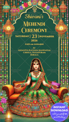 Green And Gold Theme Mehendi Ceremony Invitation with Lantern Lamps Background