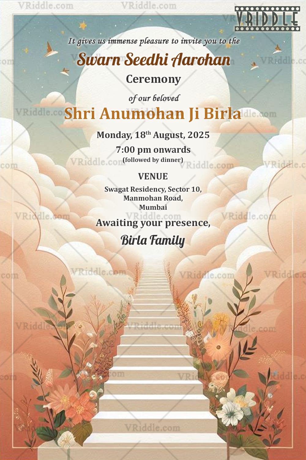 Heavenly Ascend Swarn Seedhi Aarohan Ceremony Invitation with Pink Theme and Pathway Background