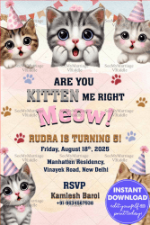 Kitten Meow Themed Birthday Bash Invitation with Soft Pastel Color Background