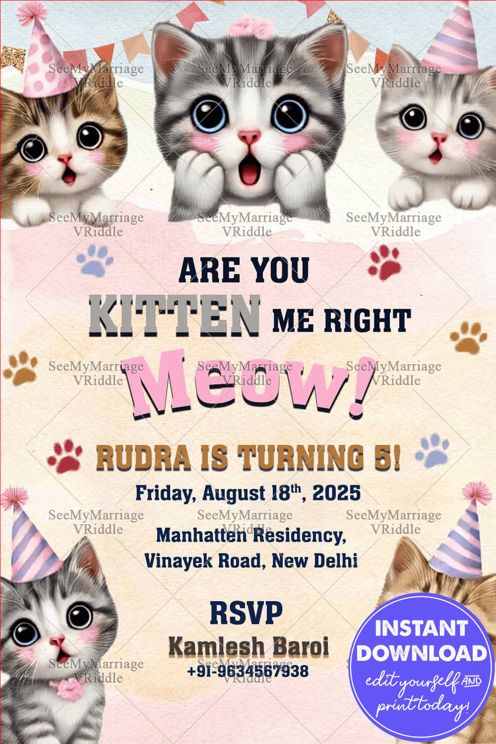 Kitten Meow Themed Birthday Bash Invitation with Soft Pastel Color ...