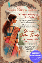 Modern Half Saree Ceremony Invitation with Backturned Girl Illustration and Watercolor Theme Background