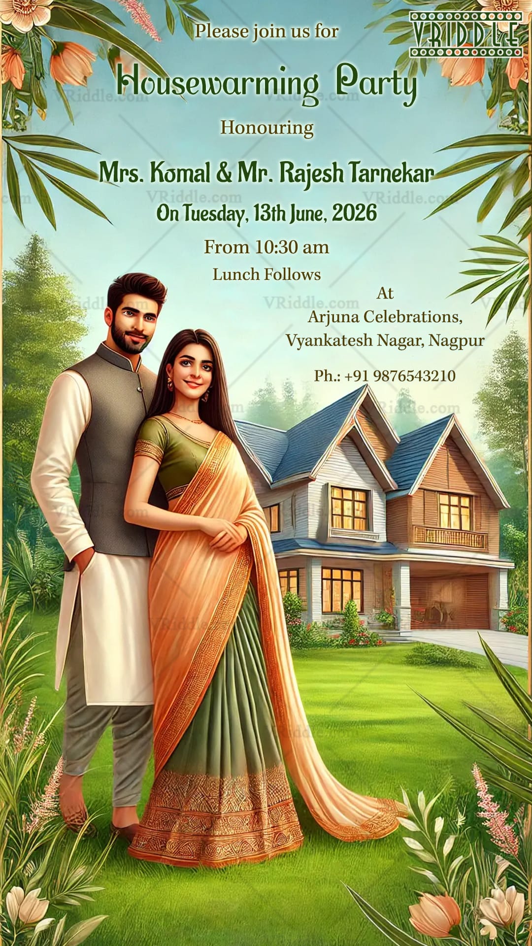 Modern Housewarming Party Invitation with Beautiful Couple Illustration and Picturesque Background