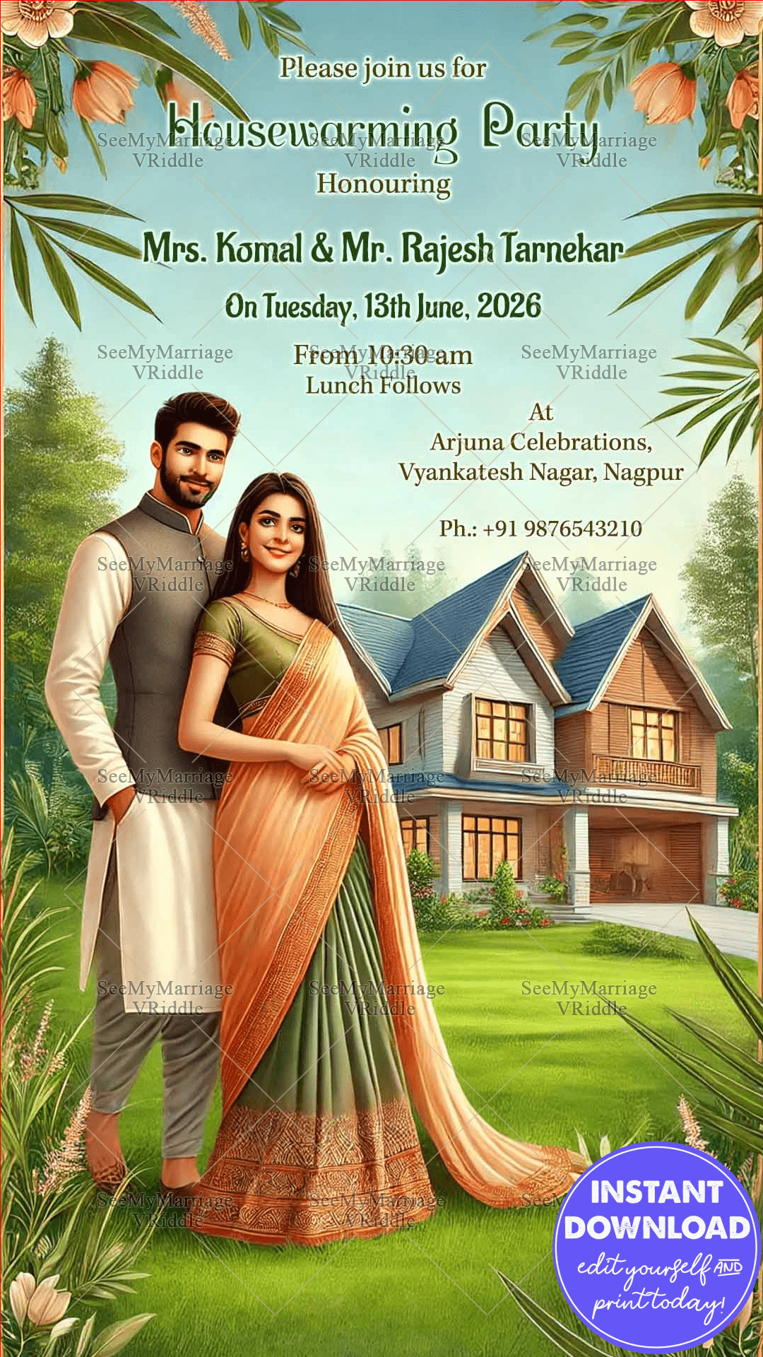Modern Housewarming Party Invitation with Beautiful Couple Illustration and Picturesque Background