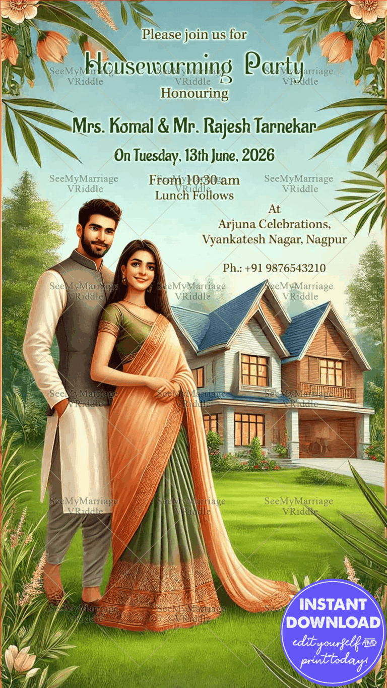 Modern Housewarming Party Invitation with Beautiful Couple Illustration and Picturesque Background