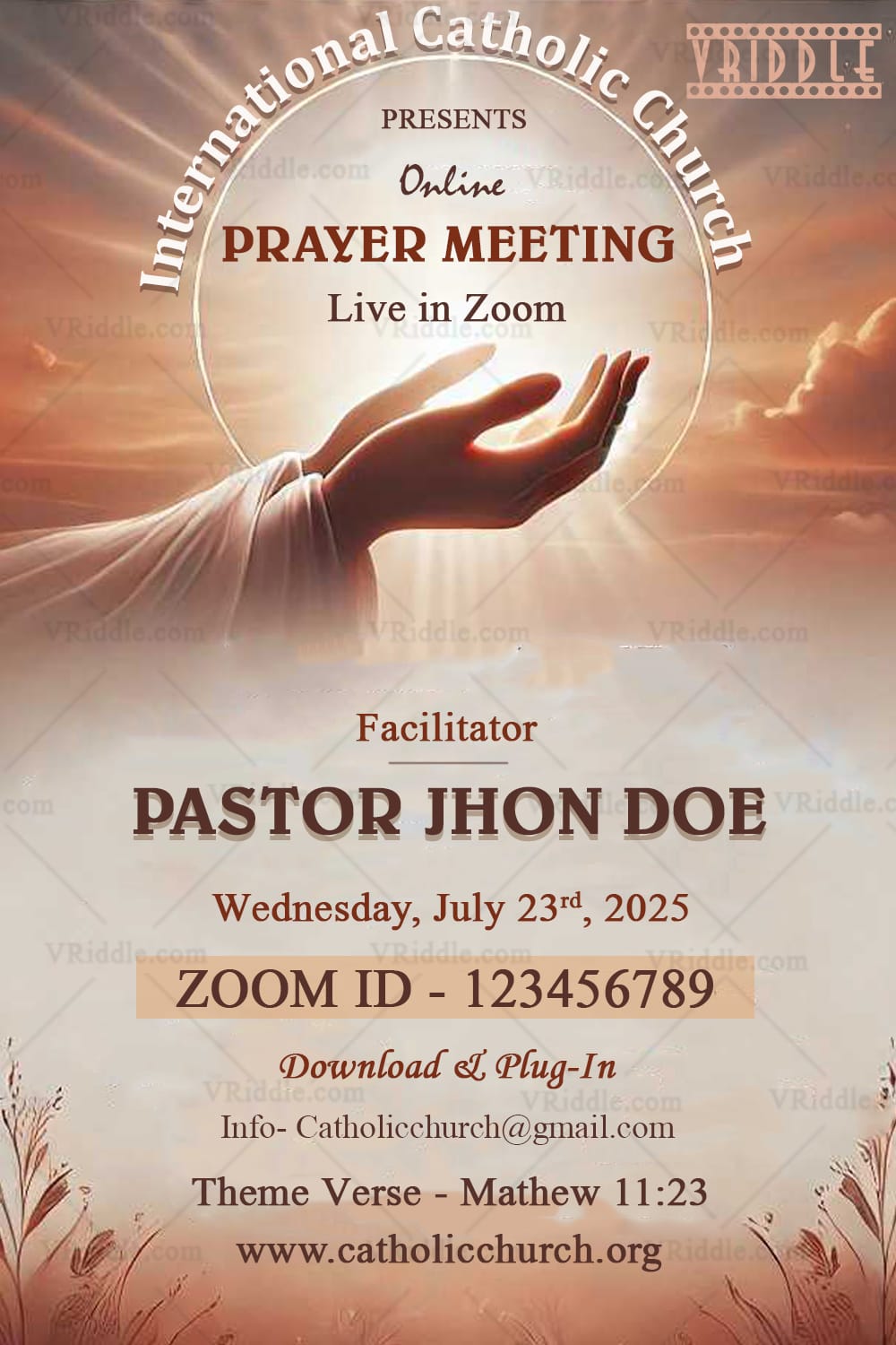 Online Prayer Meeting Invitation Card with Sunlit Scene Theme Background