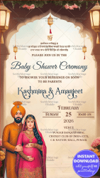 Ornate Arch Punjabi Baby Shower Invitation with Beautiful Couple Illustration and Floral Theme Background