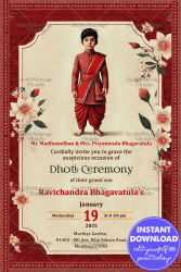 Ornate Dhoti Ceremony Invitation with Cute Boy Character and Floral Theme Background