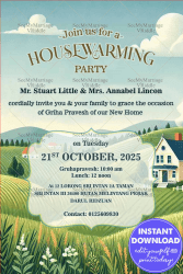 Pastoral Paradise Housewarming Party Invitation with tranquil scenery Theme Background