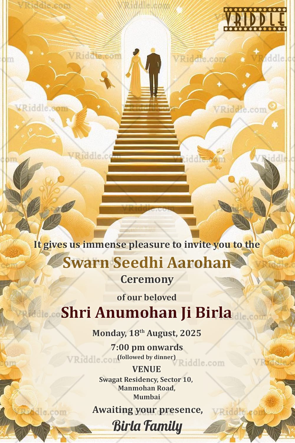 Path of Light Swarn Seedhi Aarohan Ceremony Invitation with Golden Theme Background