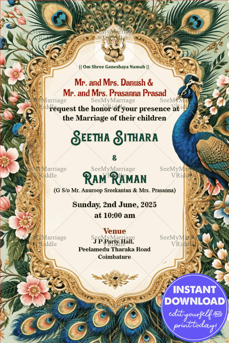 Peacock Feathers Wedding Invitation Card with Cream Theme and Floral Decor Background