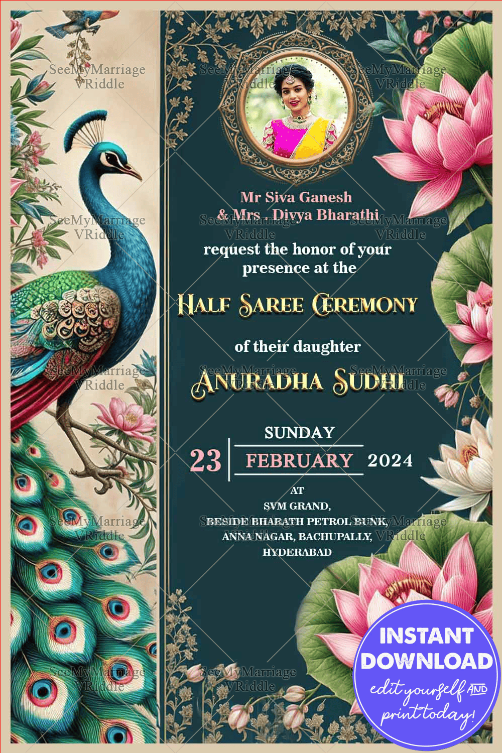 Peacock Theme Half Saree Ceremony Invitation with Lotus Motif and Add