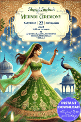 Peacock Theme Mehendi Ceremony Invitation with Dancing Bride illustration and Blue Color Background