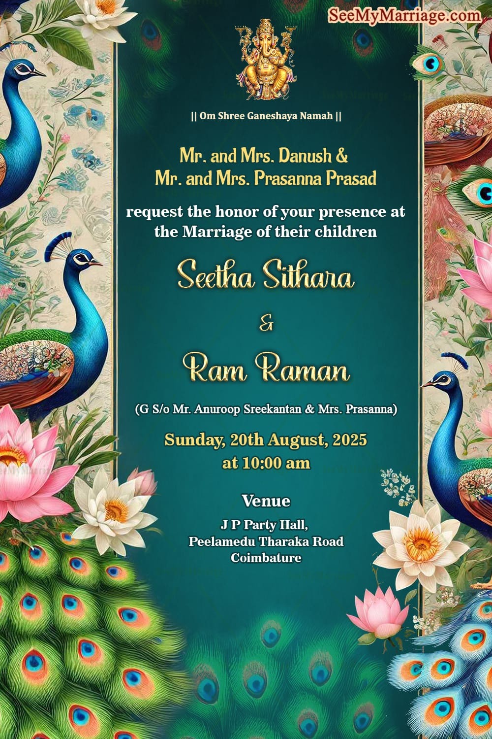 Peacocks Splendor Wedding Invitation with Blue Theme Background
