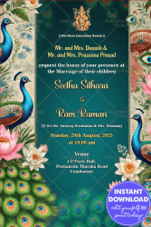 Peacocks Splendor Wedding Invitation with Blue Theme Background