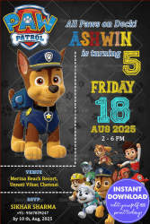 Playful Paw Patrol Themed Birthday Bash Invitation with Black Color Background
