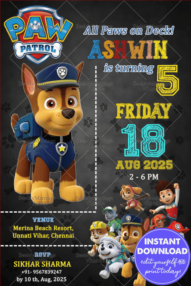Playful Paw Patrol Themed Birthday Bash Invitation with Black Color Background – SeeMyMarriage