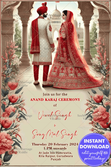 Punjabi Anand Karaj Wedding Ceremony Invitation with Floral Theme and Cream Color Background