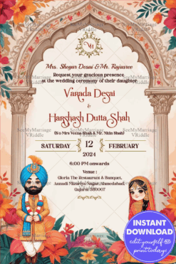 Colorful Punjabi Wedding Invitation with Floral Theme and Cartoon Couple Background
