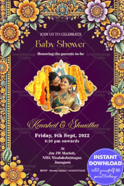 Purple Theme Baby Shower Invitation with Floral designs and Add Photo Background