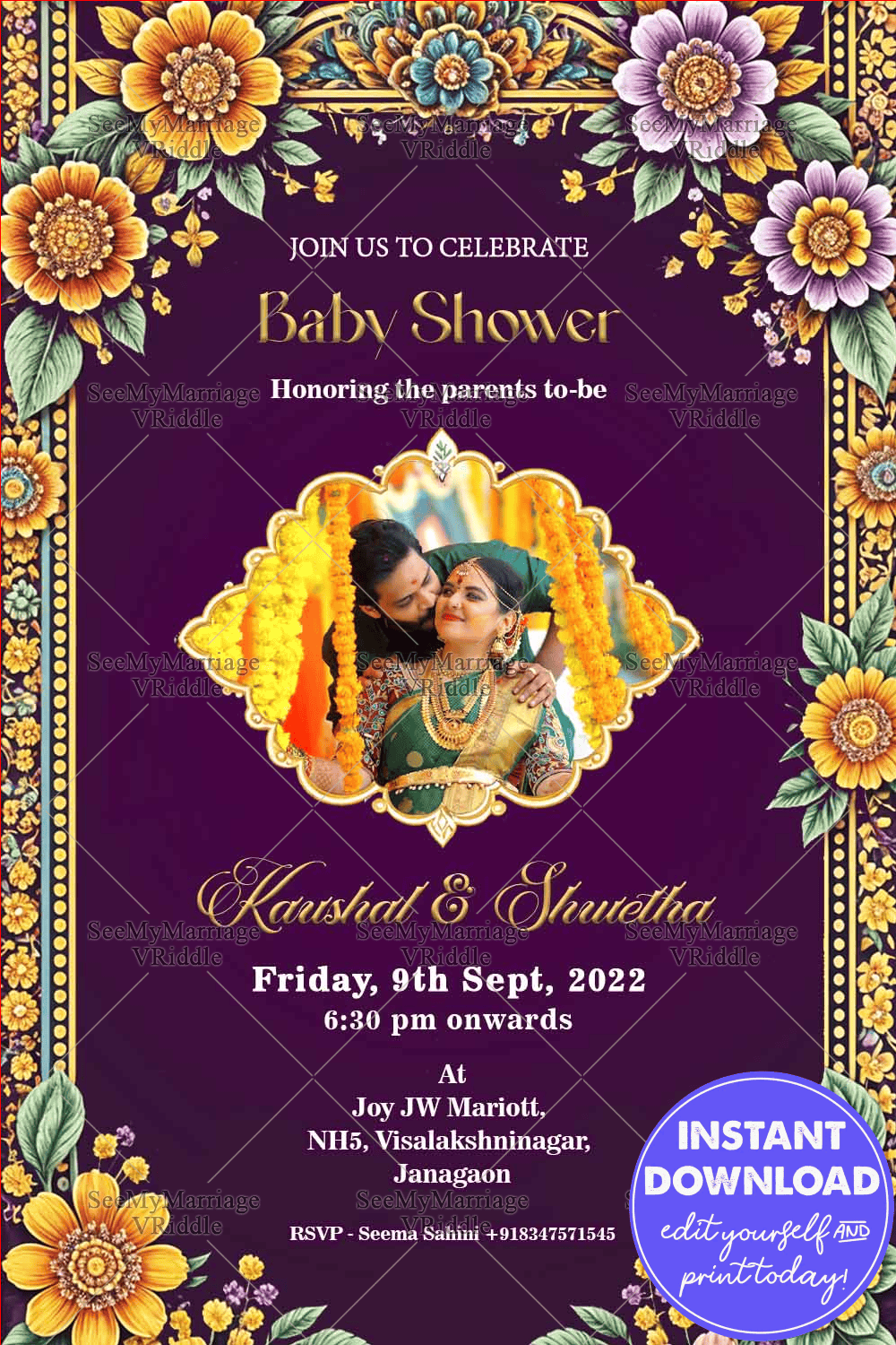 Purple Theme Baby Shower Invitation with Floral designs and Add Photo Background