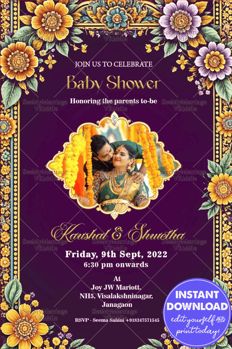 Purple Theme Baby Shower Invitation with Floral designs and Add Photo Background