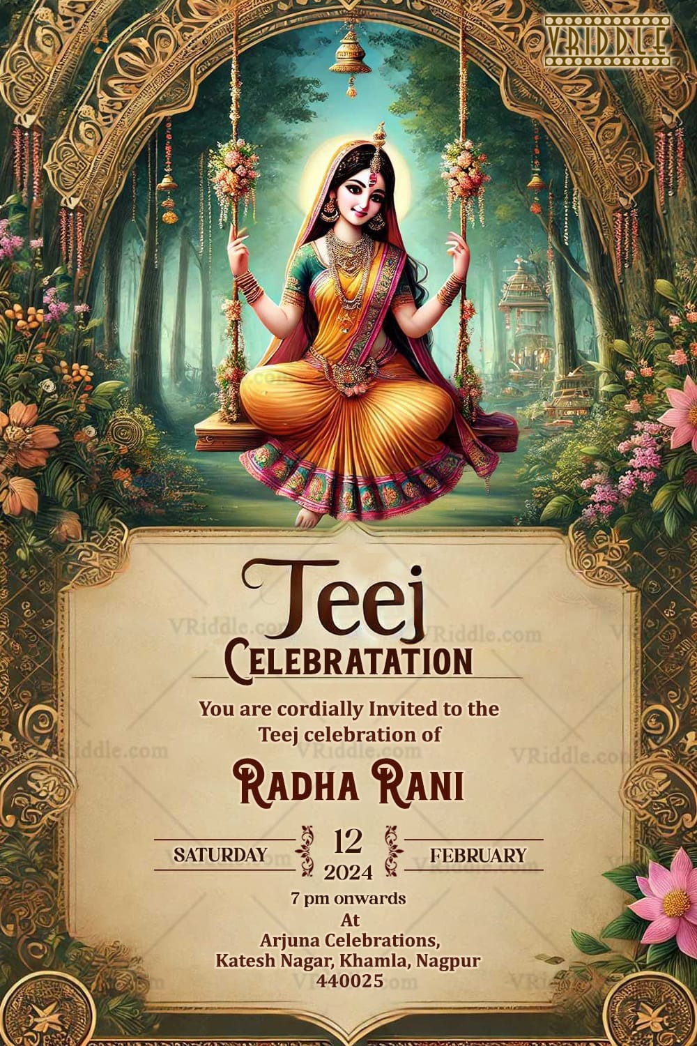 Radha Theme Teej Celebration Invitation with Floral Swing Decor and Serene Background