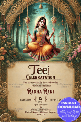 Radha Theme Teej Celebration Invitation with Floral Swing Decor and Serene Background