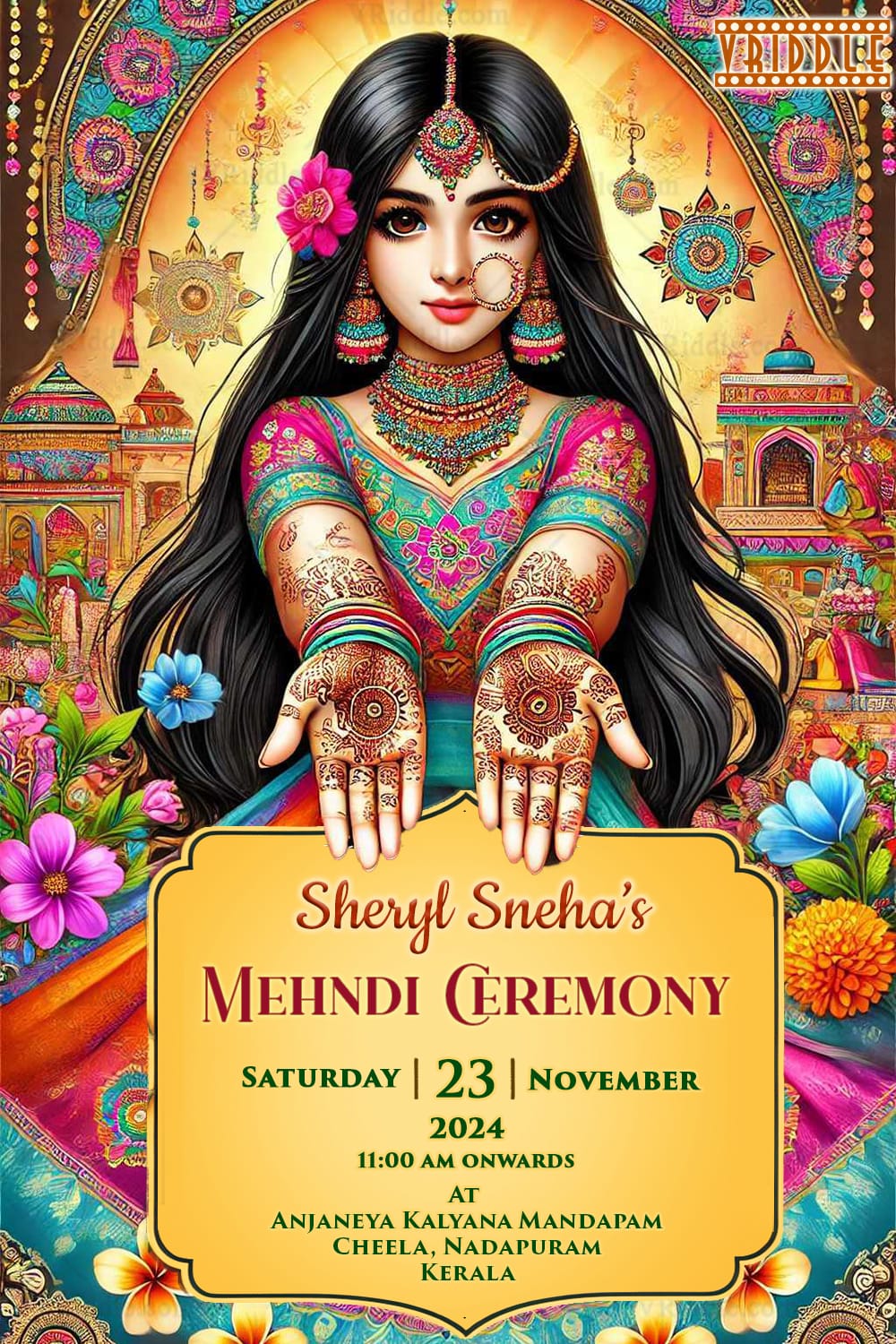 Radiant Mehndi Ceremony Invitation with Colorful Floral Theme Background