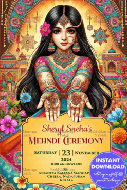 Radiant Mehndi Ceremony Invitation with Colorful Floral Theme Background