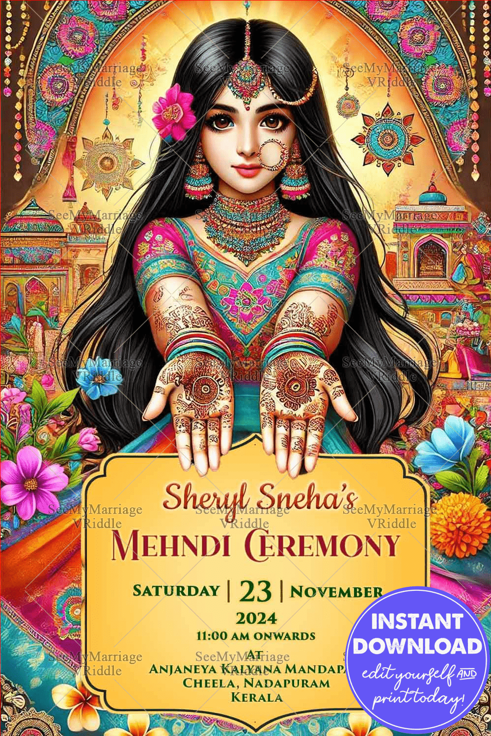 Radiant Mehndi Ceremony Invitation with Colorful Floral Theme Background