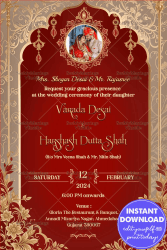 Red Theme Rajasthani Wedding Invitation with Golden Arch Background