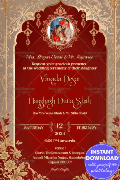 Red Theme Rajasthani Wedding Invitation with Golden Arch Background