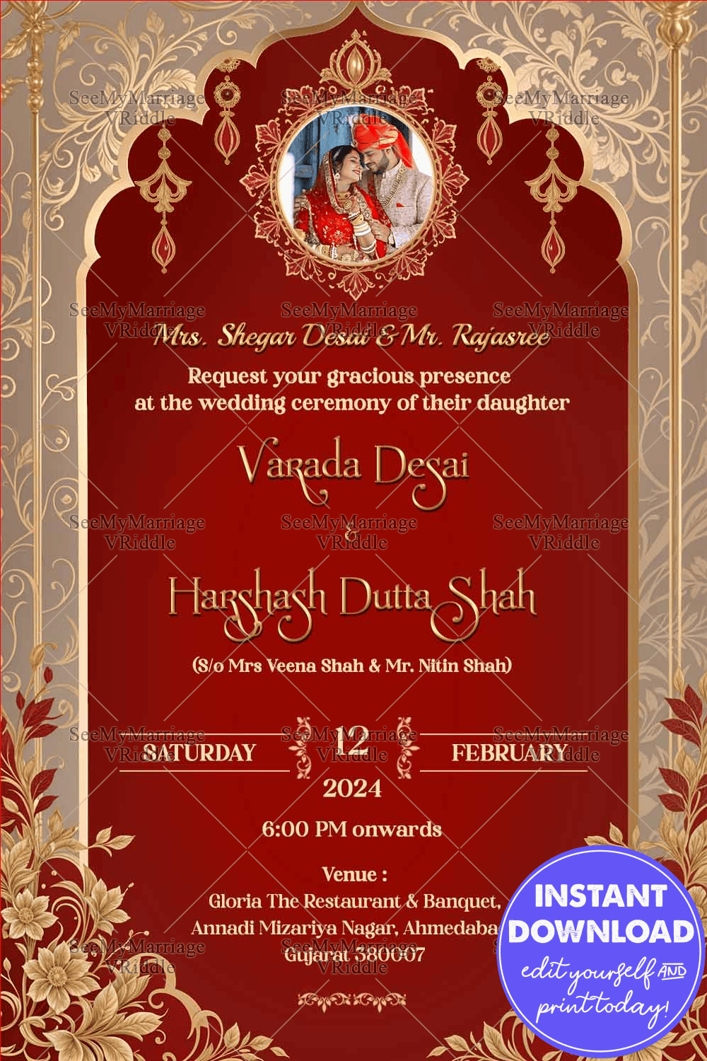 Red Theme Rajasthani Wedding Invitation with Golden Arch Background ...