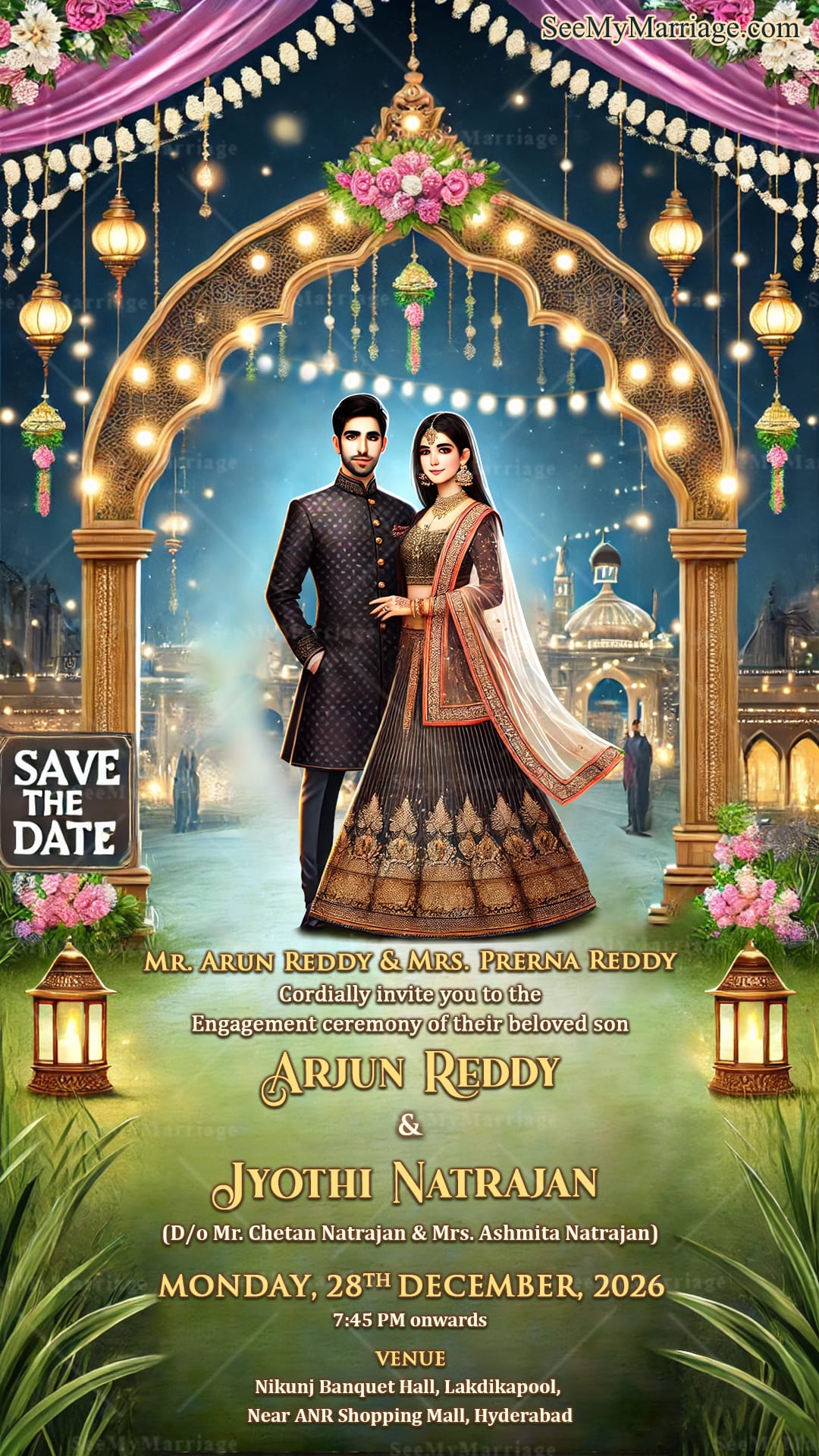 Romantic Night Engagement Invitation with Golden Arch theme and Lantern Lamps Background