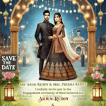 Romantic Night Engagement Invitation with Golden Arch theme and Lantern Lamps Background