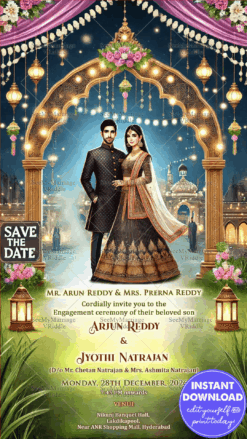 Romantic Night Engagement Invitation with Golden Arch theme and Lantern Lamps Background