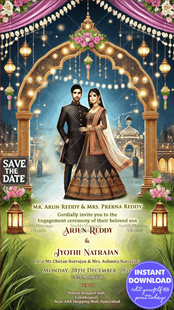 Romantic Night Engagement Invitation with Golden Arch theme and Lantern Lamps Background